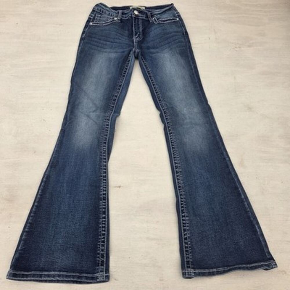 Love Soho Flare Jeans Womens 5 Mid-Rise Embroidered Cross Rhinestone Y2K Bootcut